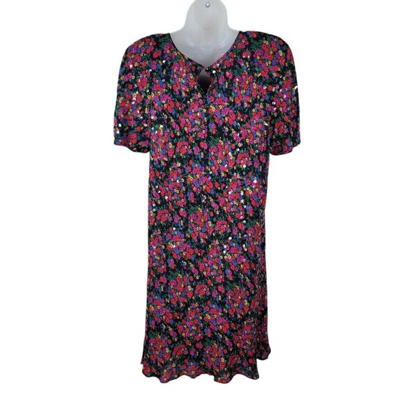 Vintage 90s Sequin Shirt Dress Size Medium Large Floral Grunge Alt Pink Red Rose - Picture 6 of 7